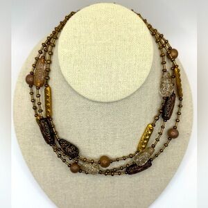 CHICO'S Necklace Multi Strand Layer Gold Tone Brown Clear Metallic Sand Beads